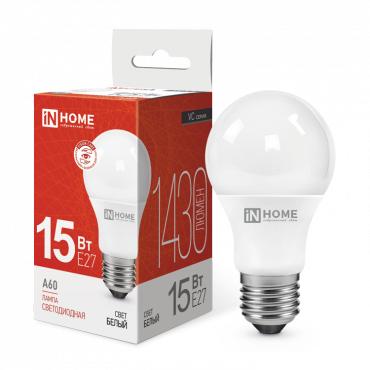 Лампа светодиодная LED-A60-VC 15Вт грушевидная 4000К нейтр. бел. E27 1430лм 230В IN HOME 4690612020273 Лампа светодиодная LED-A60-VC 15Вт грушевидная 4000К нейтр. бел. E27 1430лм 230В IN HOME 4690612020273