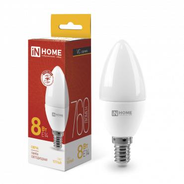 Лампа светодиодная LED-СВЕЧА-VC 8Вт свеча 3000К тепл. бел. E14 760лм 230В IN HOME 4690612020426 Лампа светодиодная LED-СВЕЧА-VC 8Вт свеча 3000К тепл. бел. E14 760лм 230В IN HOME 4690612020426