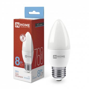 Лампа светодиодная LED-СВЕЧА-VC 8Вт свеча 6500К холод. бел. E27 760лм 230В IN HOME 4690612024820 Лампа светодиодная LED-СВЕЧА-VC 8Вт свеча 6500К холод. бел. E27 760лм 230В IN HOME 4690612024820
