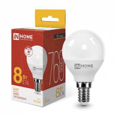Лампа светодиодная LED-ШАР-VC 8Вт шар 3000К тепл. бел. E14 760лм 230В IN HOME 4690612020549 Лампа светодиодная LED-ШАР-VC 8Вт шар 3000К тепл. бел. E14 760лм 230В IN HOME 4690612020549