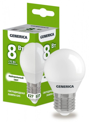 Лампа светодиодная G45 8Вт шар 4000К E27 230В GENERICA LL-G45-08-230-40-E27-G Лампа светодиодная G45 8Вт шар 4000К E27 230В GENERICA LL-G45-08-230-40-E27-G