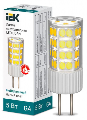 Лампа светодиодная Corn 5Вт капсульная 4000К нейтр. бел. G4 230В керамика IEK LLE-Corn-5-230-40-G4 Лампа светодиодная Corn 5Вт капсульная 4000К нейтр. бел. G4 230В керамика IEK LLE-Corn-5-230-40-G4