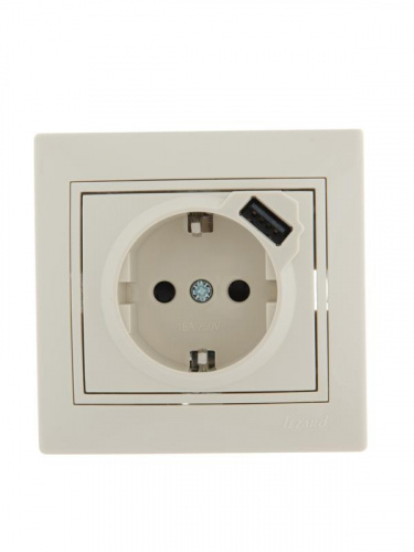 Розетка 1-м СП Mira 16А с заземл. + USB разъем крем. LEZARD 701-0303-181 Розетка 1-м СП Mira 16А с заземл. + USB разъем крем. LEZARD 701-0303-181