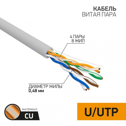 Кабель витая пара U/UTP кат.5E 4х2х24AWG медь сер. (м) PROCONNECT 01-0052 Кабель витая пара U/UTP кат.5E 4х2х24AWG медь сер. (м) PROCONNECT 01-0052