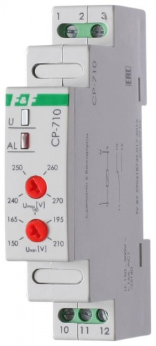 Реле напряжения CP-710 (однофазный; контроль верхнего и нижнего значений напряжения; монтаж на DIN-рейке 35мм; 230В 16А 1P IP20) F&F EA04.009.001 Реле напряжения CP-710 (однофазный; контроль верхнего и нижнего значений напряжения; монтаж на DIN-рейке 35мм; 230В 16А 1P IP20) F&F EA04.009.001