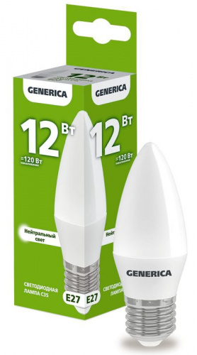 Лампа светодиодная C35 12Вт свеча 4000К E27 230В GENERICA LL-C35-12-230-40-E27-G Лампа светодиодная C35 12Вт свеча 4000К E27 230В GENERICA LL-C35-12-230-40-E27-G