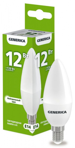 Лампа светодиодная C35 12Вт свеча 4000К E14 230В GENERICA LL-C35-12-230-40-E14-G Лампа светодиодная C35 12Вт свеча 4000К E14 230В GENERICA LL-C35-12-230-40-E14-G