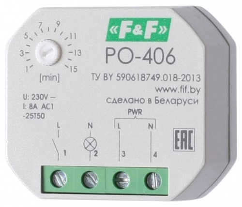 Реле времени PO-406 8А 230В 1НО IP20 задержка выключ./управ. контактом монтаж в коробку d-60мм F&F EA02.001.019 Реле времени PO-406 8А 230В 1НО IP20 задержка выключ./управ. контактом монтаж в коробку d-60мм F&F EA02.001.019