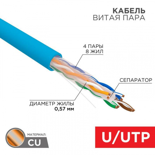 Кабель витая пара U/UTP кат.6 4х2х23AWG solid CU PVC син. (м) Rexant 01-0047 Кабель витая пара U/UTP кат.6 4х2х23AWG solid CU PVC син. (м) Rexant 01-0047