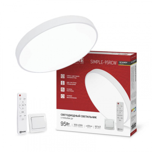 Светильник светодиодный SCANDY SIMPLE-95RCW 95Вт 3000-6500К 7600лм 230В 400х50мм с пультом ДУ бел. IN HOME 4690612062105 Светильник светодиодный SCANDY SIMPLE-95RCW 95Вт 3000-6500К 7600лм 230В 400х50мм с пультом ДУ бел. IN HOME 4690612062105