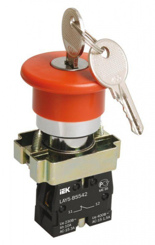 Кнопка управления "Грибок" LAY5-BS142 d22мм 1НЗ 240В с ключом красн. KARAT IEK BBG50-LAY5-K04 Кнопка управления "Грибок" LAY5-BS142 d22мм 1НЗ 240В с ключом красн. KARAT IEK BBG50-LAY5-K04