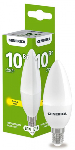 Лампа светодиодная C35 10Вт свеча 3000К E14 230В GENERICA LL-C35-10-230-30-E14-G Лампа светодиодная C35 10Вт свеча 3000К E14 230В GENERICA LL-C35-10-230-30-E14-G