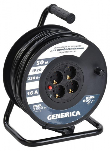 Удлинитель на катушке 4х50м 16А IP20 УК50 2P+PE 3х1.5 термозащита GENERICA WKP20-16-04-50-G Удлинитель на катушке 4х50м 16А IP20 УК50 2P+PE 3х1.5 термозащита GENERICA WKP20-16-04-50-G