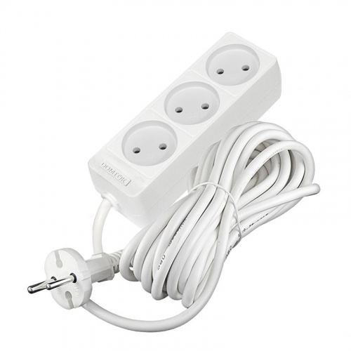 Удлинитель 3х5м без заземл. 10А IP20 2.2кВт ПВС 2х0.75 бел. DOMTOK 2372 Удлинитель 3х5м без заземл. 10А IP20 2.2кВт ПВС 2х0.75 бел. DOMTOK 2372
