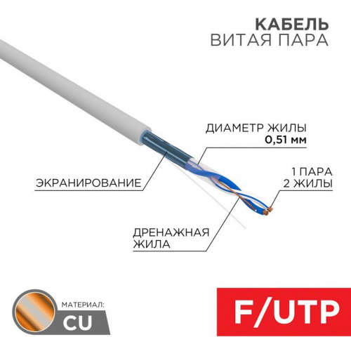 Кабель витая пара F/UTP кат.5e 1х2х24AWG solid PVC INDOOR сер. (м) Rexant 01-0120 Кабель витая пара F/UTP кат.5e 1х2х24AWG solid PVC INDOOR сер. (м) Rexant 01-0120