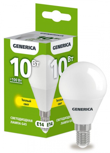 Лампа светодиодная G45 10Вт шар 3000К E14 230В GENERICA LL-G45-10-230-30-E14-G Лампа светодиодная G45 10Вт шар 3000К E14 230В GENERICA LL-G45-10-230-30-E14-G