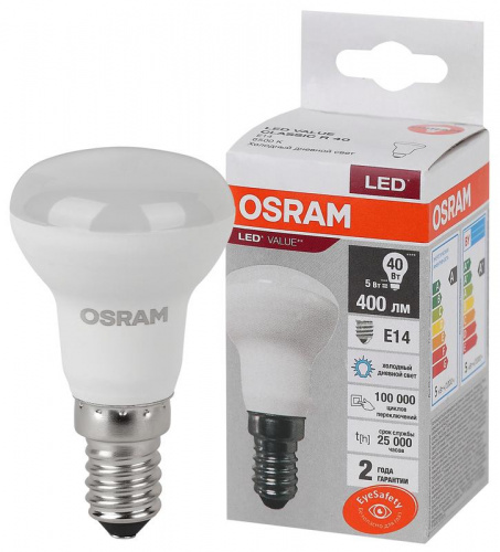 Лампа светодиодная LED Value LV R39 40 5SW/865 5Вт рефлектор матовая E14 230В 10х1 RU OSRAM 4058075582606 Лампа светодиодная LED Value LV R39 40 5SW/865 5Вт рефлектор матовая E14 230В 10х1 RU OSRAM 4058075582606