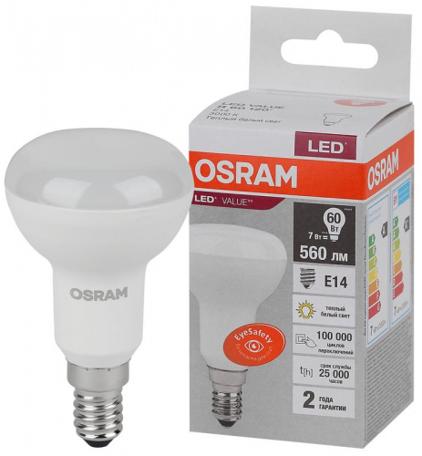 Лампа светодиодная LED Value LV R50 60 7SW/830 7Вт рефлектор матовая E14 230В 10х1 RU OSRAM 4058075581661 Лампа светодиодная LED Value LV R50 60 7SW/830 7Вт рефлектор матовая E14 230В 10х1 RU OSRAM 4058075581661