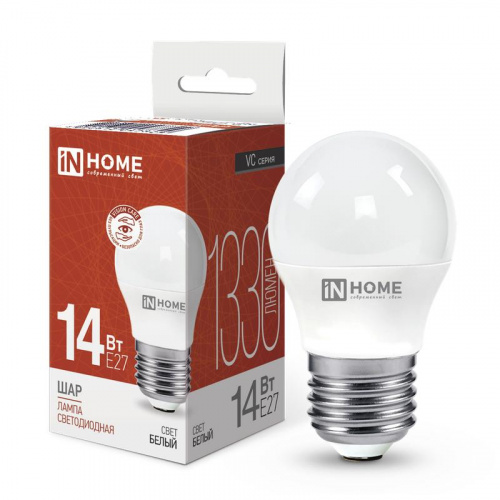 Лампа светодиодная LED-ШАР-VC 14Вт 230В E27 4000К 1330лм IN HOME 4690612047829 Лампа светодиодная LED-ШАР-VC 14Вт 230В E27 4000К 1330лм IN HOME 4690612047829