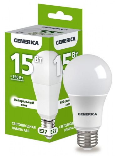 Лампа светодиодная A60 15Вт грушевидная 4000К E27 230В GENERICA LL-A60-15-230-40-E27-G Лампа светодиодная A60 15Вт грушевидная 4000К E27 230В GENERICA LL-A60-15-230-40-E27-G