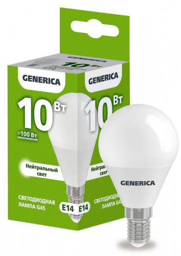 Лампа светодиодная G45 10Вт шар 4000К E14 230В GENERICA LL-G45-10-230-40-E14-G Лампа светодиодная G45 10Вт шар 4000К E14 230В GENERICA LL-G45-10-230-40-E14-G