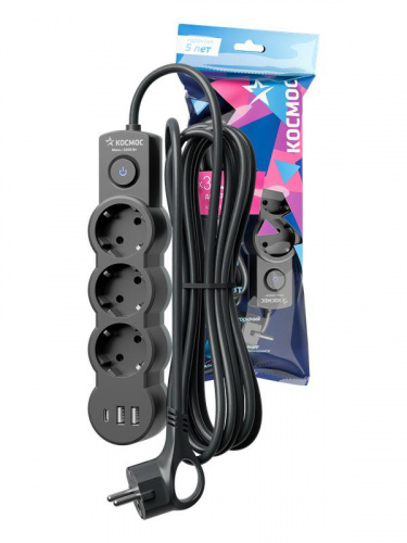 Удлинитель 3х3м с заземл. 10А IP20 USB 2800Вт 220В ПВС 3х1 с выкл. черн. КОСМОС YKsm3m3g-Z-VU10А-B Удлинитель 3х3м с заземл. 10А IP20 USB 2800Вт 220В ПВС 3х1 с выкл. черн. КОСМОС YKsm3m3g-Z-VU10А-B