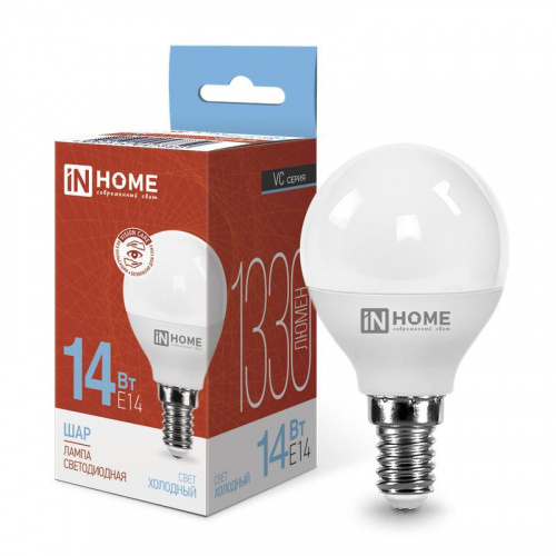 Лампа светодиодная LED-ШАР-VC 14Вт 230В E14 6500К 1330лм IN HOME 4690612047850 Лампа светодиодная LED-ШАР-VC 14Вт 230В E14 6500К 1330лм IN HOME 4690612047850