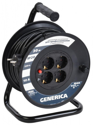 Удлинитель на катушке 4х30м 10А IP20 УК30 2P+PE 3х1 термозащита GENERICA WKP10-10-04-30-G Удлинитель на катушке 4х30м 10А IP20 УК30 2P+PE 3х1 термозащита GENERICA WKP10-10-04-30-G