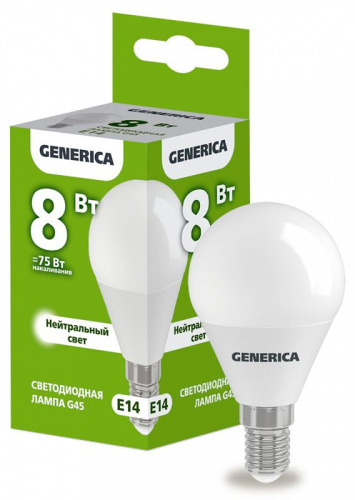 Лампа светодиодная G45 8Вт шар 4000К E14 230В GENERICA LL-G45-08-230-40-E14-G Лампа светодиодная G45 8Вт шар 4000К E14 230В GENERICA LL-G45-08-230-40-E14-G