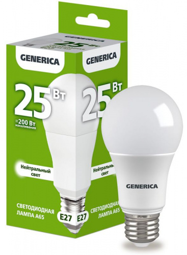 Лампа светодиодная A65 25Вт грушевидная 4000К E27 230В GENERICA LL-A65-25-230-40-E27-G Лампа светодиодная A65 25Вт грушевидная 4000К E27 230В GENERICA LL-A65-25-230-40-E27-G