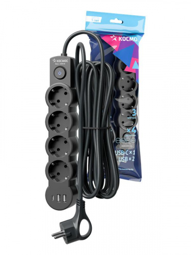 Удлинитель 4х3м с заземл. 10А IP20 USB type-Aх2 + type-C 2500Вт 220В ПВС 3х1 с выкл. черн. КОСМОС YKsm3m4g-Z-VU10А-B Удлинитель 4х3м с заземл. 10А IP20 USB type-Aх2 + type-C 2500Вт 220В ПВС 3х1 с выкл. черн. КОСМОС YKsm3m4g-Z-VU10А-B