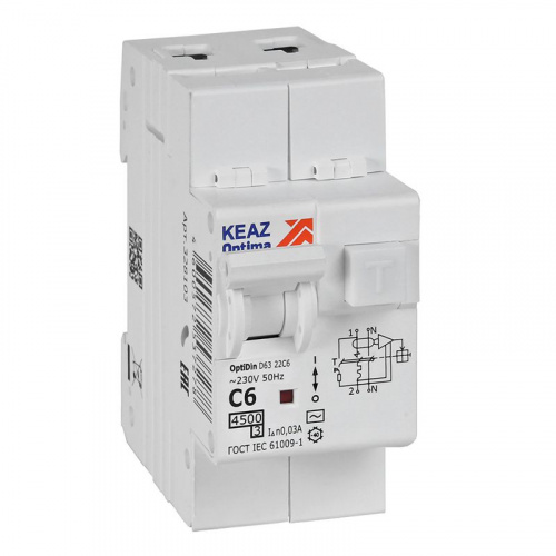 Выключатель автоматический дифференциального тока 2п OptiDin D63-22C6-AC-У3 C6 30мА 4.5кА с защитой от сверхтоков КЭАЗ 328103
